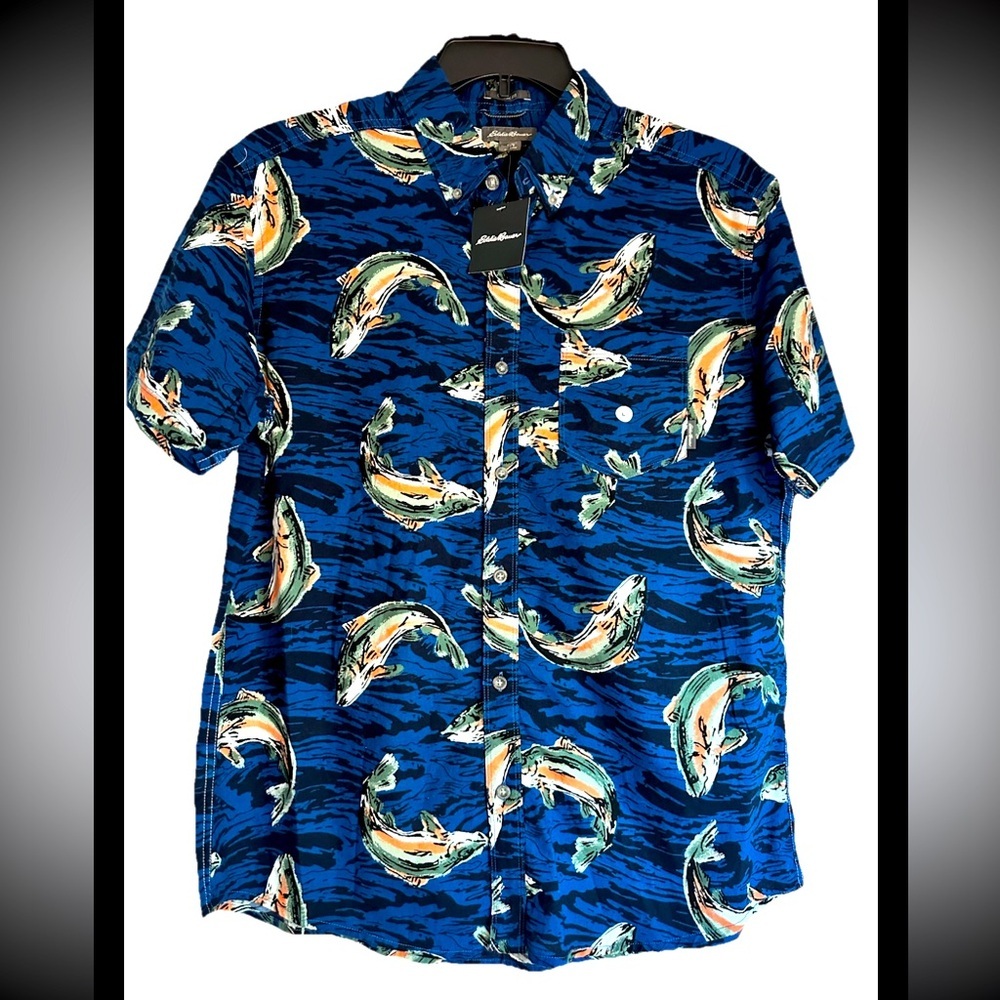 EDDIE BAUER MENS Blue Fish Print CASUAL Buttondown Shirt Sz L NEW WITH TAGS!